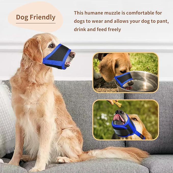 HEELE Dog Muzzle,Soft Nylon Muzzle Anti Biting Barking Chewing,Air Mesh Breathable Drinkable Adjustable Loop Pets Muzzle for Small Medium Large Dogs 4 Colors 4 Sizes (Blue, L)