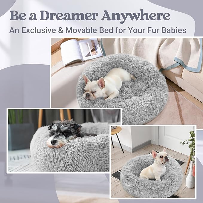 rabbitgoo Calming Dog Bed for Small Medium, 27 inches Pet Bed Machine Washable, Non-Slip Round Fluffy Plush Faux Fur, Soft Donut Cuddler Cushion for Small Dogs, Light Grey