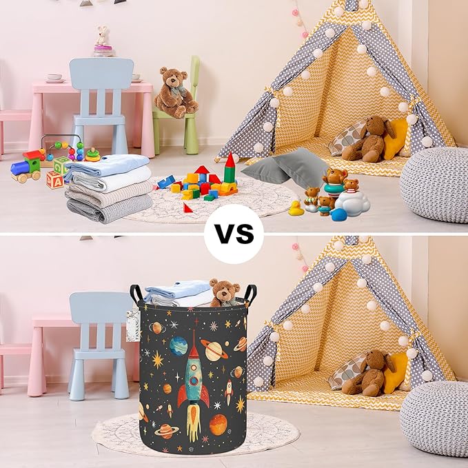 Storage Basket, Nursery Hamper Canvas Laundry Basket Foldable with Waterproof PE Coating Large Storage Baskets for Kids Boys and Girls, Office, Bedroom, Clothes,Toys(Space rocket)