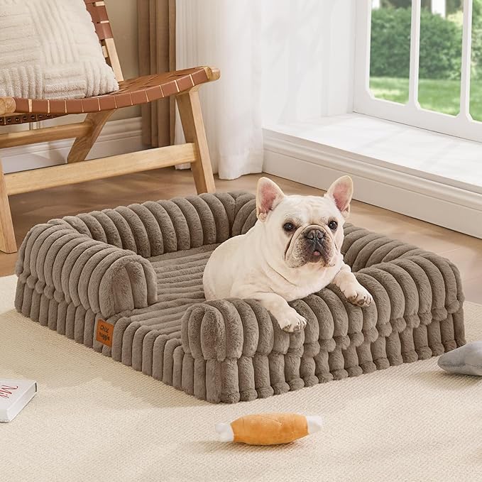 ChiXnuggle Orthopedic Dog Bed with Bolster Sides for Sleeping, Fluffy Plush Rectangular Dog Bed Medium Sized Dog, Luxury Striped Faux Fur Waterproof Dog Couch with Removable Washable Cover, Taupe