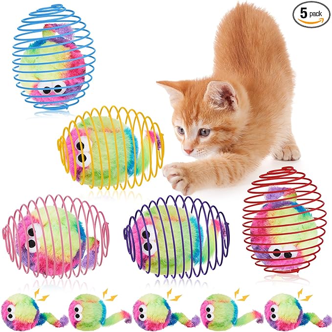 Jecery 5 Pcs Cat Spring Balls Toys Stretchable Rolling Balls Colorful Playful Coils Interactive Action Toy Caged Rats for Kitten Pet Supplies (Monster,Rainbow Color)