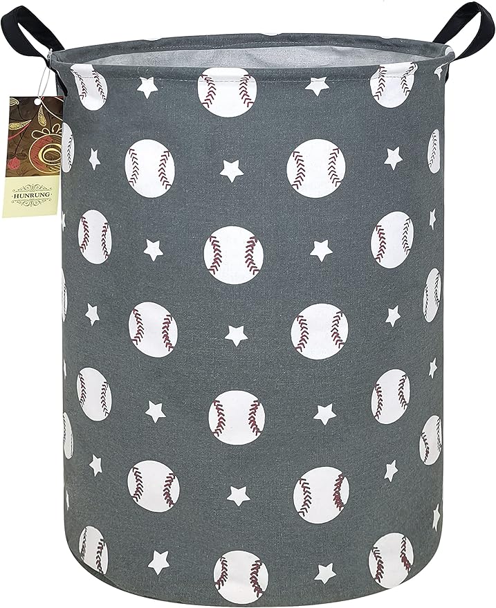Collapsible Fabric Storage Basket, Waterproof Laundry Hamper with Handles, Round Storage Bin for Clothes Toys, Foldable Organizer for Bedroom Nursery Bathroom(Round-Grey Baseball)