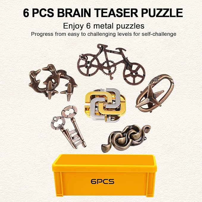 6 PCS Metal Brain Teaser Puzzles for Adults and Kids, Disentanglement Metal Logic Puzzle Set, IQ Mind Challenge Brain Games Toy Gift