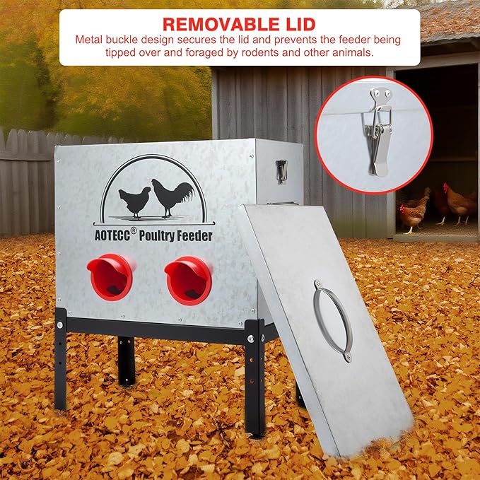Metal Chicken Feeder, 40lb Automatic Chicken Feeder - 6 Feeding Ports, No Waste Poultry Feeder with Lid & Adjustable Legs for Chicken Coops, Weatherproof