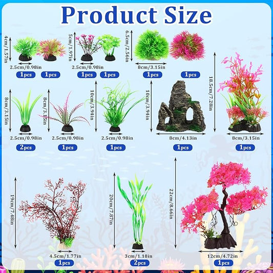 Suncalla 16 Pcs Aquarium Fish Tank Plastic Plants and Cave Rock Decorations Decor Set Pink Cherry Blossom Tree Aquarium Decor Set Small and Large Artificial Fish Tank Plants Accessories