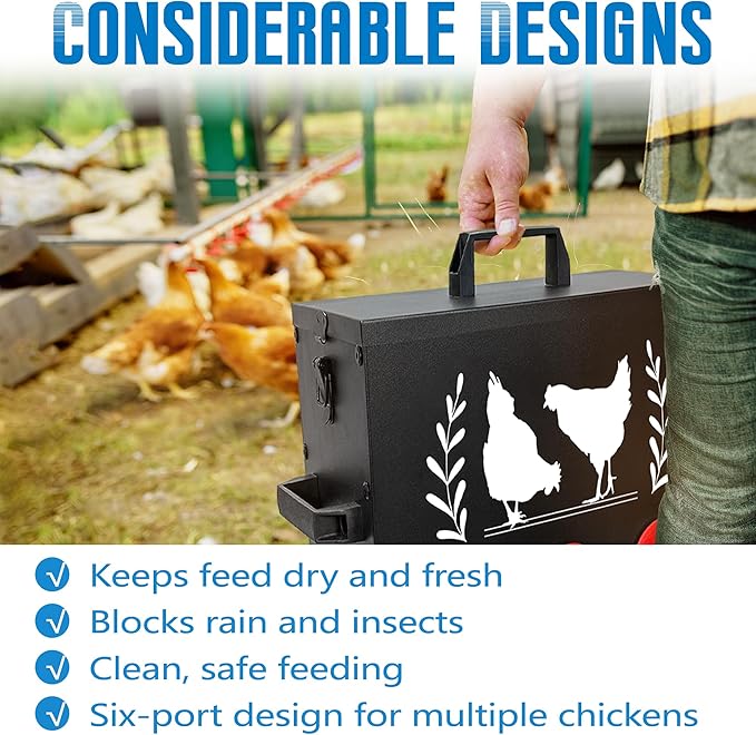 No Waste Automatic Chicken Feeder (50 LB), Rodent Resistant Metal Poultry Feeder with Locking Lid, Adjustable Stand & 8 Ports, Heavy Duty Weatherproof Feed Box for Hens, Ducks
