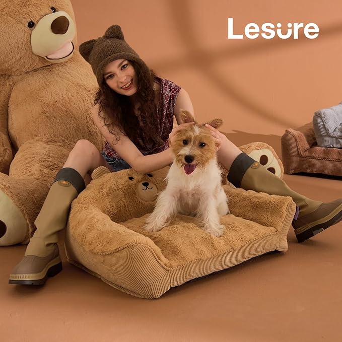 LE SURE Cute Dog Couch Bed, Small Dog Couch with Fluffy Original Bear Design, Cat Couch Bed with Removable Washable Cover, Puppy Bed for Small Pets, 28 inch, Almond