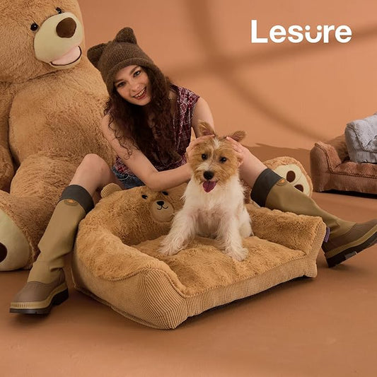 LE SURE Cute Dog Couch Bed, Small Dog Couch with Fluffy Original Bear Design, Cat Couch Bed with Removable Washable Cover, Puppy Bed for Small Pets, 28 inch, Almond