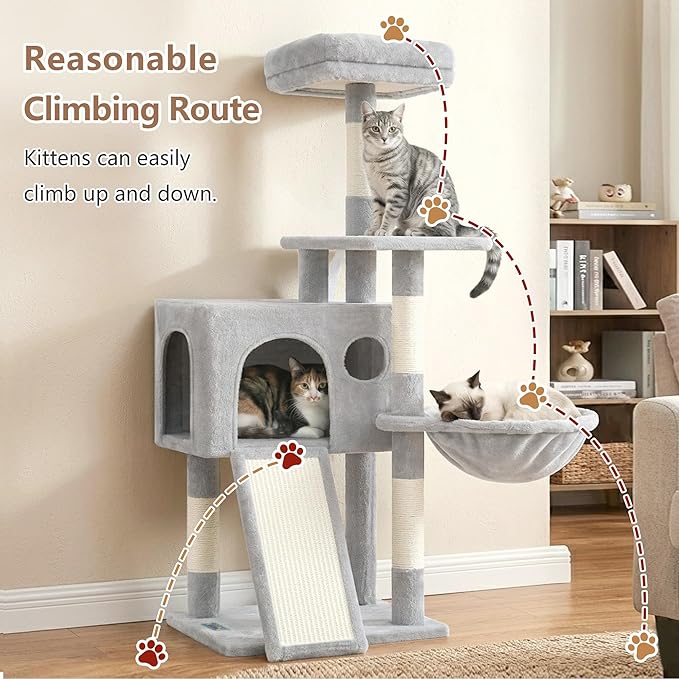 Gitelsnour Cat Tree, 42.1" Cat Tower for Indoor Kittens with Scratching Board and Posts, Multi-Level Cozy Cat Condo with 2 Perches, Hammock, Balls, Light Gray GCT005SW