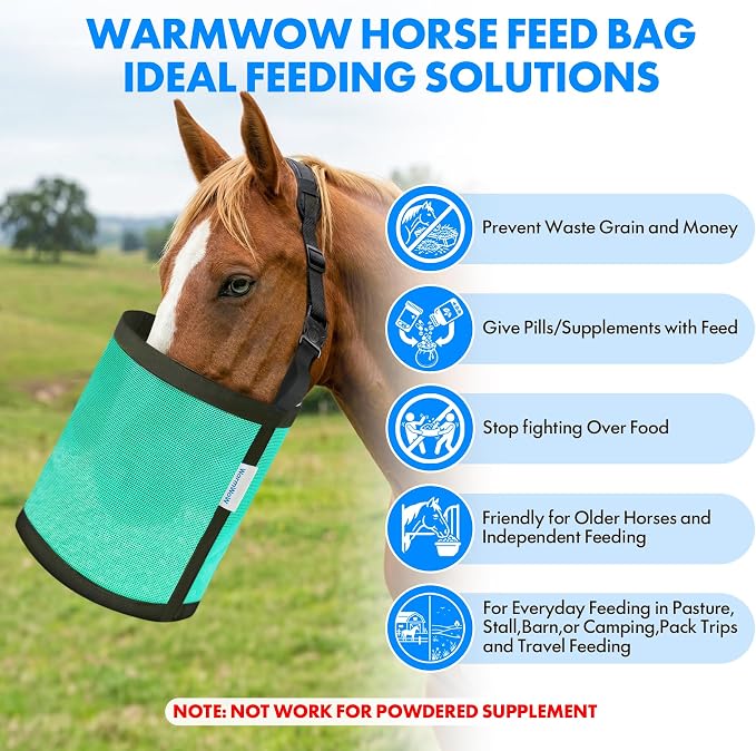 Horse Feed Bag Pack of 2 (Reinforced Bottom Edging), Feed Bags for Horses with Ventilation Mesh, Comfort Nose Pad Neck Pad, Adjustable Strap, Spill Proof Design for Feeding Grain, Supplements