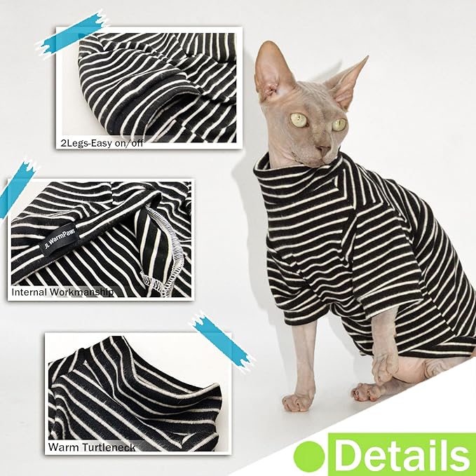 Sphynx Cat Sweater Hairless Cat Clothes Sweater Shirt Soft Warm Long Sleeves Pullover Pet Clothes Pajamas Dog Cloth for Small Dogs Jumpsuit Pet Sweaters (B&W Striped, XX-Large)