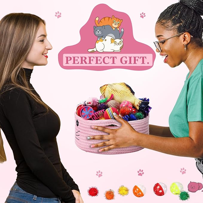 Zopeal 58 Pcs Mother’s Day Cat Storage Basket Gift Toys Set, Colorful Flashing Balls Pet Bell Crinkle Balls Spring Toys Attract Cat to Swat, Hunt, Interactive for Pet(Pink,9.8 Inch)