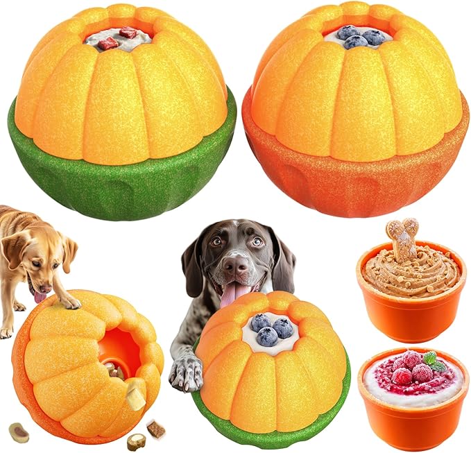 KADTC 2 Pack 3-in-1 Dog Frozen Treat Ball, Large Size, No-Transfer Fill & Freeze Lick Cup, Treat Dispenser & Tough Chew Toy, Long-Lasting Enrichment Toy for Dogs, Orange-Shaped