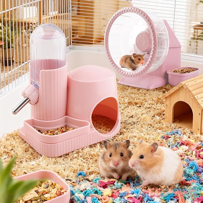 3 in 1 Multifunctional Hamster Water Bottle No Drip Gerbil 100ML Water Bottle Dispenser with Food Bowl Small Animal Auto Dispenser with Hideout Base Hamster Cage Accessories (Pink)