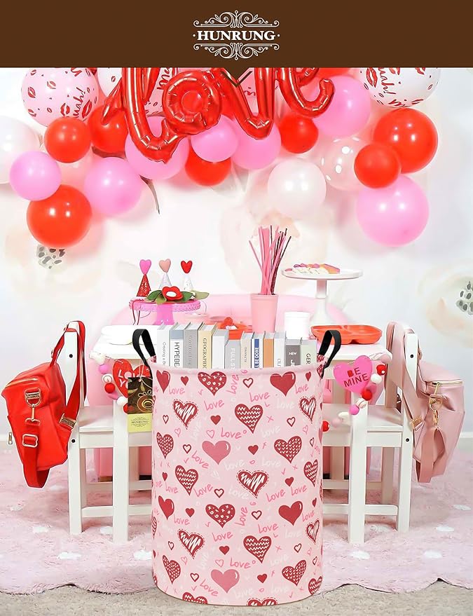 Collapsible Fabric Storage Basket, Waterproof Laundry Hamper with Handles, Round Storage Bin for Clothes Toys, Foldable Organizer for Bedroom Nursery Bathroom(Round-Pink Love Heart)