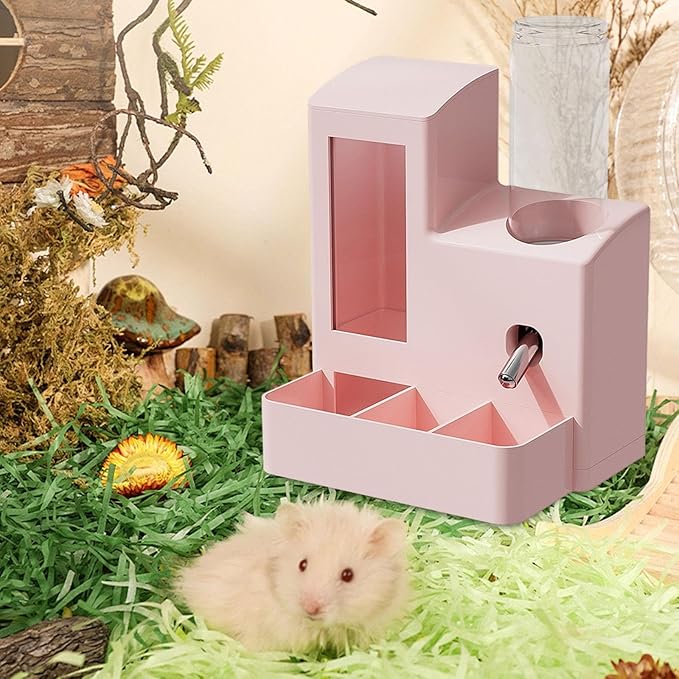 3 in 1 Hamster Automatic Feeder Dispenser Easy to Clean Container Feeding Station for Home Ferrets Bunny Small Animal Patio, Pink 120ml Bottle