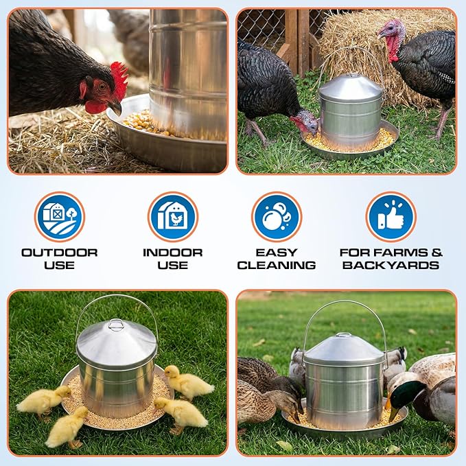 Plexon 17.6 Lb Stainless Steel Hanging Chicken Feeder no Waste Food-Grade Large - Turkey Duck Poultry Feeder for Chicken Metal - Heavy Duty Reliable Long-Lasting with Handle