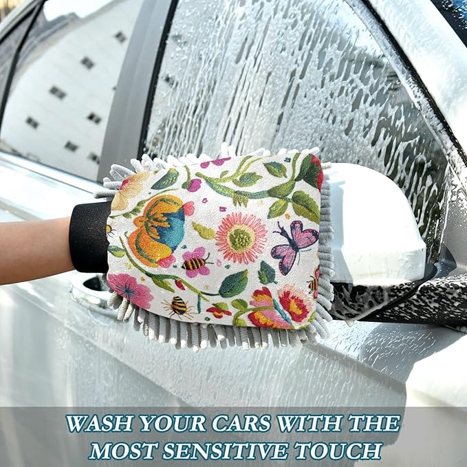 Car Wash Mitt Microfiber Wash Mitts for Car Washing Scratch-Free Cleaning Gloves Soft Non Absorbent Chenille Auto Hand Mitt Medium 2Pack Embroidered Flowers Bee Butterfly