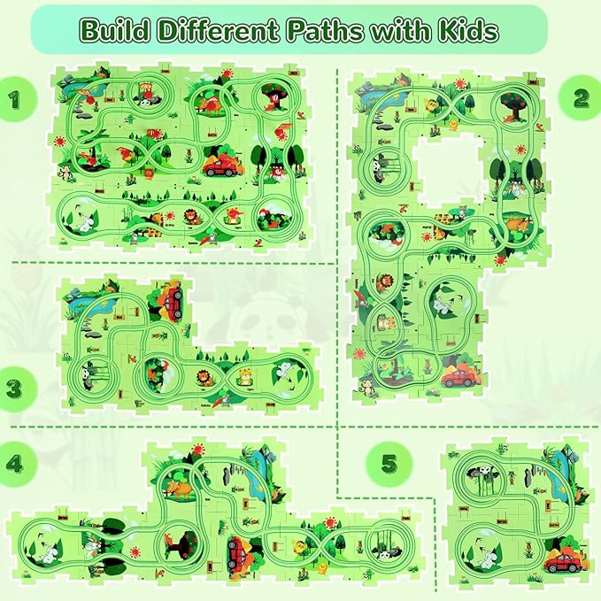 Puzzle Track Car Play Set, Plastic Puzzles for Kids with Vehicles, Railcar Puzzle, Car Tracks for Toddlers, Toys Gifts for 3 4 5 6 Year Old Boys, Toddler Boy Toys 3-4