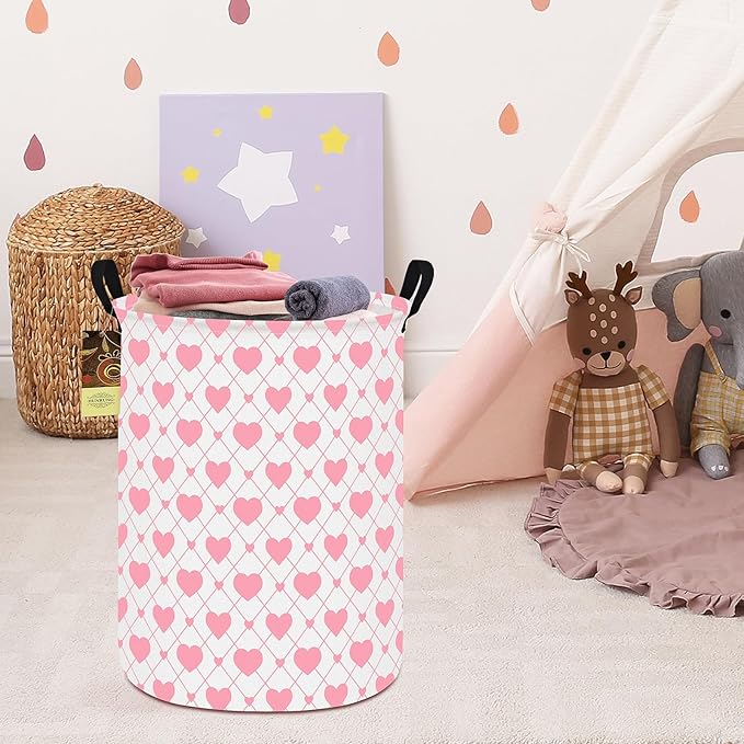 Collapsible Fabric Storage Basket, Waterproof Laundry Hamper with Handles, Round Storage Bin for Clothes Toys, Foldable Organizer for Bedroom Nursery Bathroom(Round-Heart)