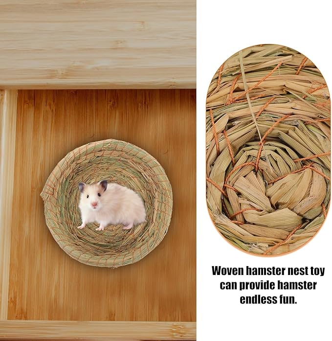 2pcs Woven Straw Pet House with Flat Bottom, Natural Handwoven Small Animal Shelter for Hamsters, Rabbits, Guinea Pigs, Ferrets – Cozy Warm Chewing Bed for Indoor Pet Cages