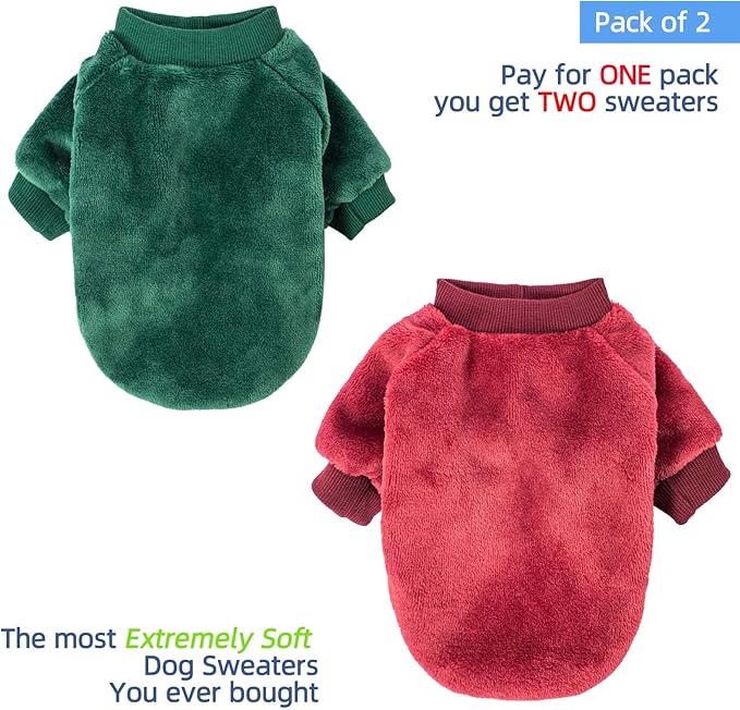 FabriCastle Christmas Dog Sweater, 2-Pack Dog Clothes, Soft and Warm Pet Jackets for Small Dogs & Cats, Winter Pet Apparel Costumes, Puppy Outfits (Dark red,Dark Green, Large)