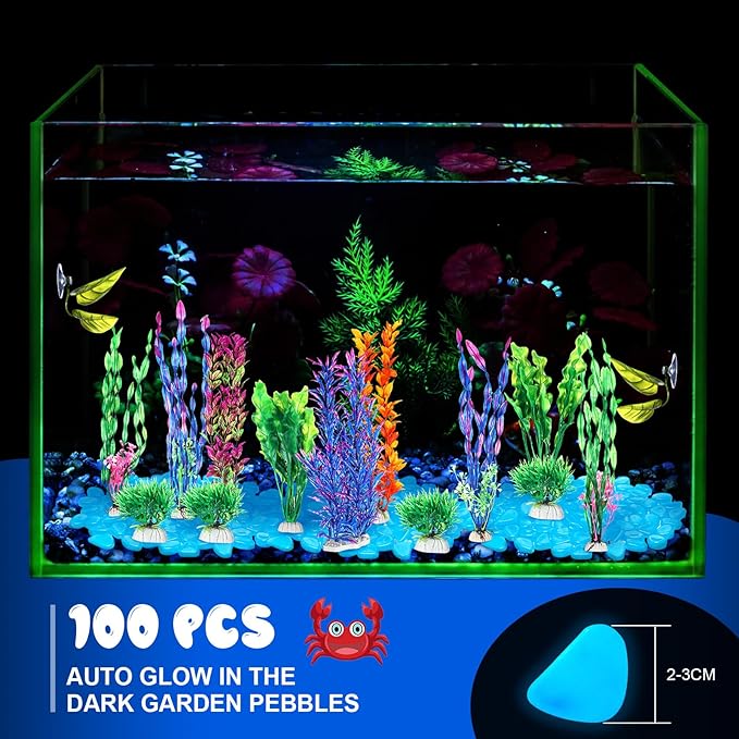 Jexine 117 Pcs Fish Tank Accessories Decorations Set 100 Pcs Glow Blue Betta Fish Rocks Stones 15 Pcs Artificial Plastic Fake Aquarium Plants 2 Pcs Hammock Plant Leaf Pad for Aquarium Bowl Decor