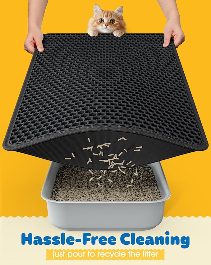 Powools 27" x 19" Cat Litter Mat - Ultra-Large Litter Box Mat with Double Layers, Urine-Proof and Non-Slip Litter Trapping Mat, Easy to Clean Kitty Litter Mats for Floor, Scatter Control, Black
