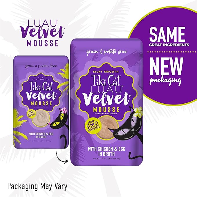 Tiki Cat Luau Velvet Mousse, Chicken & Egg in Broth, Complete Nutrition for Balanced Diet, Wet Cat Food For All Life Stages, 2.8 oz. Pouch (12 Count)