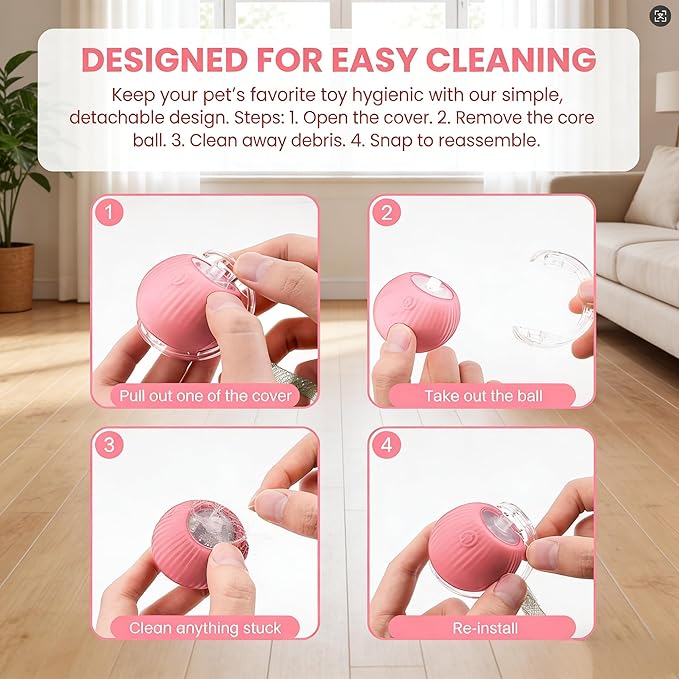Rechargeable Smart Rolling Cat Ball, Automatic Interactive Cat Toy with 3 Modes, LED Light & 3 Replaceable Accessories, Indoor Cat Exercise Toy for Kittens & Adult Cats, for Boredom Relief Pink