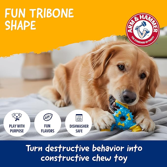 Arm & Hammer Nubbies TriBone Dog Dental Chew Toy, Peanut Butter Flavor, for Moderate Chewers, Nylon and TPR, Reduces Plaque and Tartar, Baking Soda Infused, No Stuffing - 24 Pack