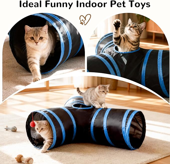 Tempcore Cat Tunnel for Indoor Cats, 3-Way Collapsible Play Tunnel with Teaser Wand, Peek Holes & Toy Ball, Small Pet Toy for Kittens & Rabbits, Black & Royal Blue