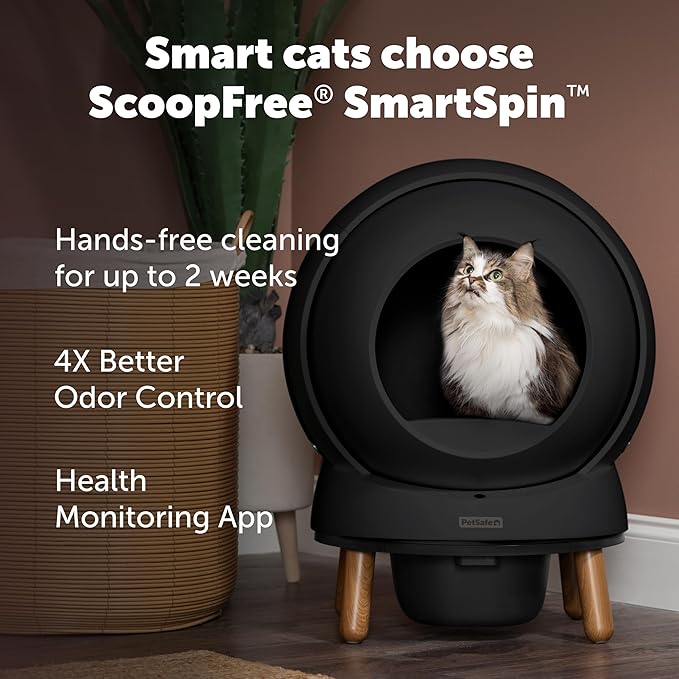 PetSafe ScoopFree SmartSpin Self-Cleaning Cat Litter Box, Black Advanced Odor Control, App Controlled with Health Monitoring, Works with Any Litter, Up to 2 Weeks of Hands-Free Cleaning