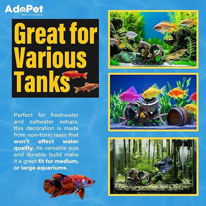Aquarium Decoration Oak Barrel – 4.9 x 3.9 Inch Fish Tank Ornament Classic Wood Barrel with Holes for Small Fish Hiding, Durable Resin Structure, Easy to Clean and Maintain