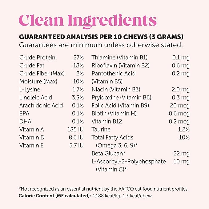 Cat Multivitamin Chews - Cat Treats for Health + Immune, Joint Support, Skin & Coat, and Digestion - Omega 3s, Lysine & Probiotics for Cats, Vitamins for Cats - Chicken (90-Day Supply)