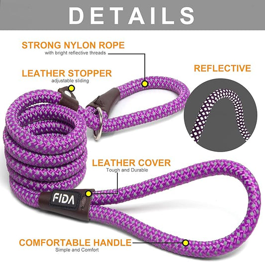 Fida Durable Slip Lead Dog Leash, 6 FT x 3/8" Heavy Duty Comfortable Strong Rope Slip Lead for Small Dogs and Puppies, No Pull Pet Training Leash with Highly Reflective(3/8", Purple)