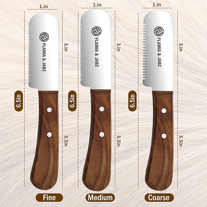 FLAMIA & JABZ Professional Dog Grooming Hand Stripping Knife, Stripper Trimmer Tool, Red Meranti Wooded Handle non slip grip with Tripping Stainless Steel blade (3 Piece Pack, Right Handed)
