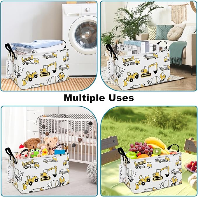 Storage Bins, Nursery Hamper Canvas Laundry Basket Foldable with Waterproof PE Coating Large Storage Baskets for Kids Boys and Girls, Office, Bedroom, Clothes,Toys(Rec-excavator）