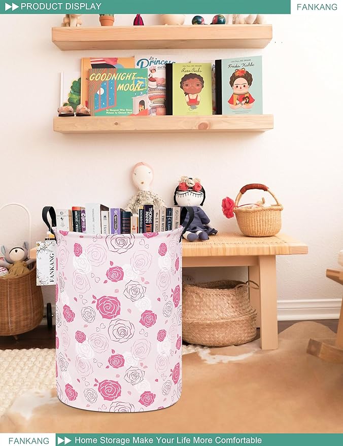 Storage Basket, Nursery Hamper Canvas Laundry Basket Foldable with Waterproof PE Coating Large Storage Baskets for Kids Boys and Girls, Office, Bedroom, Clothes,Toys(Pink roses)