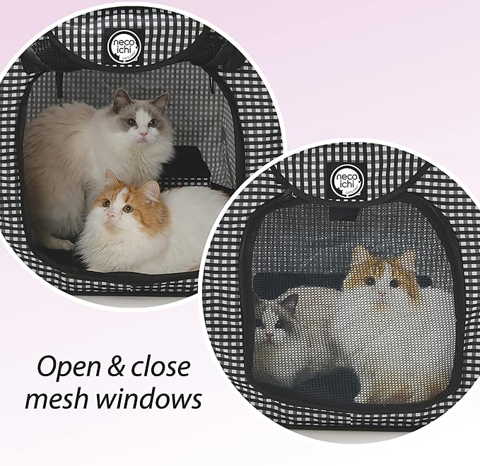 Necoichi Stress-Free Enclosure Cat Travel Carrier Cage 31.8" L x 20.0" W x 20.0" H Collapsible Gray White Stripes | Pop up Kannel, Crates