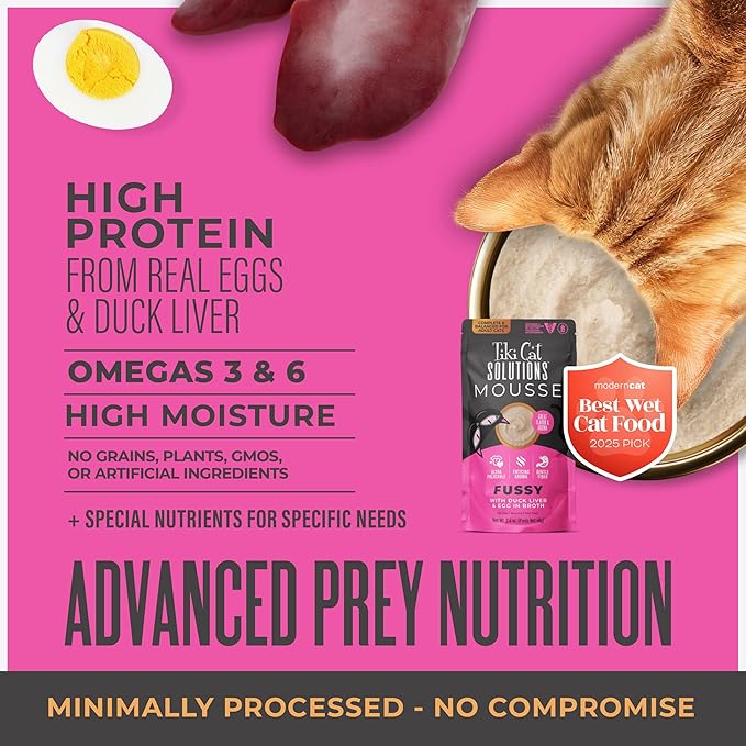 Tiki Cat Solutions Fussy Mousse, Duck Liver & Egg, Specially Formulated to Support Healthy Digestion, Functional Wet Cat for Adult Cats, 2.4 oz. Pouch (12 Count)