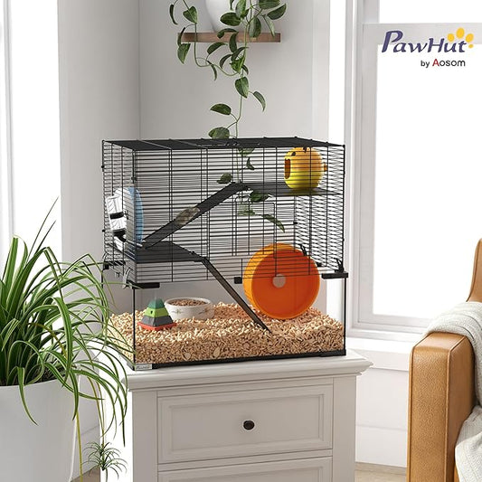 PawHut Large Hamster Cage with Deep Tempered Glass Bottom, 3 Tiers Hamster Tank with Running Wheel, Hut, Water Bottle, Dish, Rat Cage for Syrian, Dwarf, Gerbils, Mouse, 23.5" x 16" x 22.5", Black