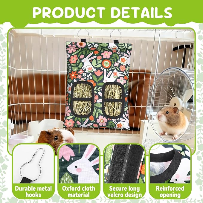 3 Pcs Rabbit Hay Feeder, 2-Hole Hanging Guinea Pig Hay Bags Washable Bunny Hay Bag for Rabbits, Chinchillas, Hamsters, Small Pets and Animals (11.8"×8.7")