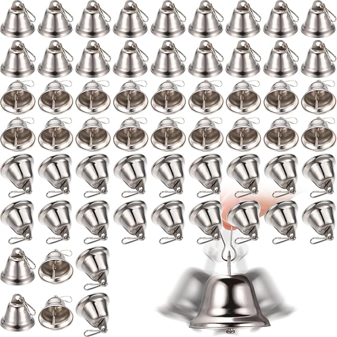 Gejoy 60 Pieces Craft Small Brass Bells for Crafts Mini Vintage Bells with Spring Hooks Tiny for Hanging Wind Chimes Making Dog Training Doorbell Wedding Decor, 1.65 x 1.5 Inch (Sliver)