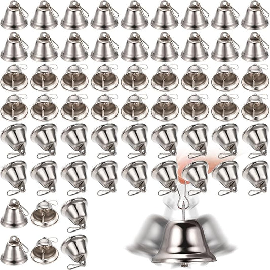 Gejoy 60 Pieces Craft Small Brass Bells for Crafts Mini Vintage Bells with Spring Hooks Tiny for Hanging Wind Chimes Making Dog Training Doorbell Wedding Decor, 1.65 x 1.5 Inch (Sliver)