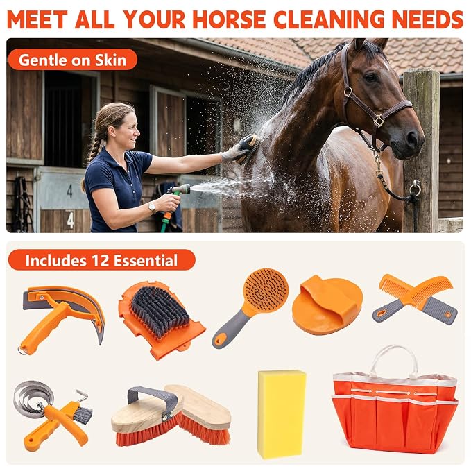 Orange Horse Grooming Kit - 12-in-1 Complete Set with Handbag, Horse Brushes, Curry Comb, Hoof Pick, Sweat Scraper, Sponge for Horse Owners and Riding Enthusiasts