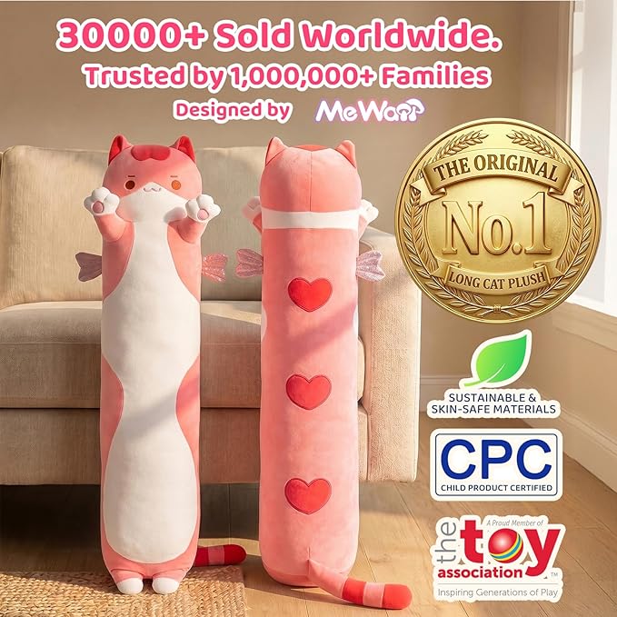 Mewaii Long Cat Plush 5 Sizes, 120% Extra Filling Giant Plushness Kids Body Pillow, Kawaii Cute Pink Cat Stuffed Animals Plushies, Big Long Body Pillow Cat Plush Gift for Girls 20”
