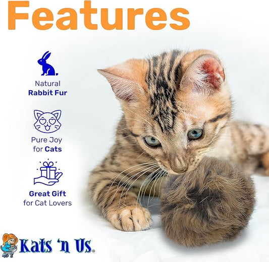 Kats'N Us 2–4 Inch Jumbo Pack of 5 Real Rabbit Fur Pom Pom Cat Toys – Natural Color Balls for Cats & Kittens – Interactive Prey-Like Toys for Indoor Chasing, Batting & Play
