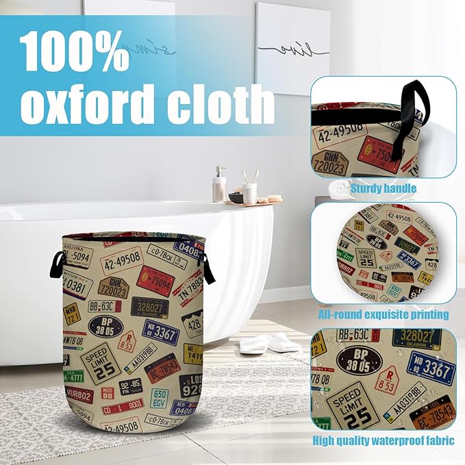 Colourful Car Number Plates Laundry Basket, Laundry Hamper Collapsible Oxford Cloth with Handle Clothes Storage Bin for Bathroom Laundry Room Bedroom 15.7 X 20 Inch