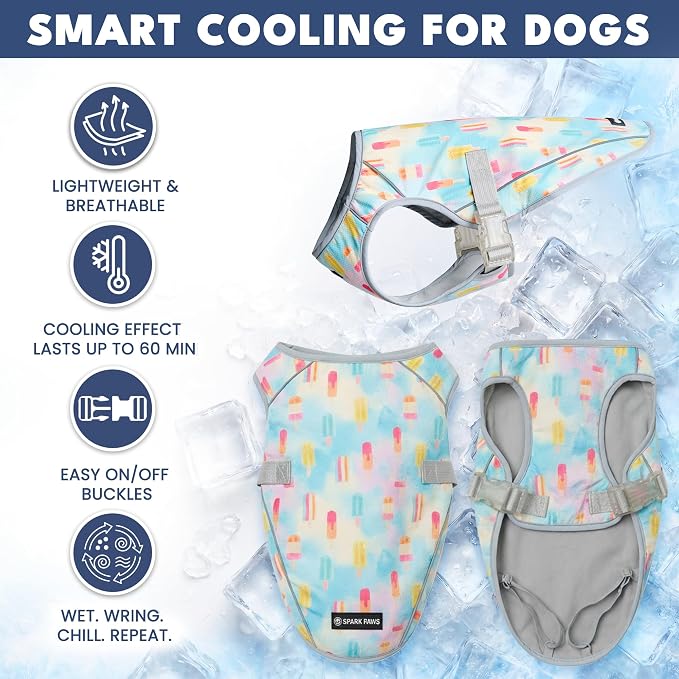 Spark Paws Dog Cooling Vest - SPF 50 UV Sun Protection - Summer Heat Relief Gear for Dogs, Lightweight, Evaporative Cooling - Dog Anxiety Relief Vest During Hot Days - Popsicles - Size L
